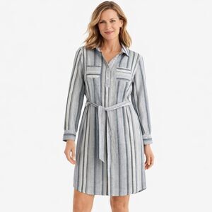 Chicos Linen Blend Popover Shirt Dress Womens Sz 0 Small Indigo White Striped